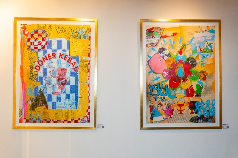 Two framed collage works in gold frames