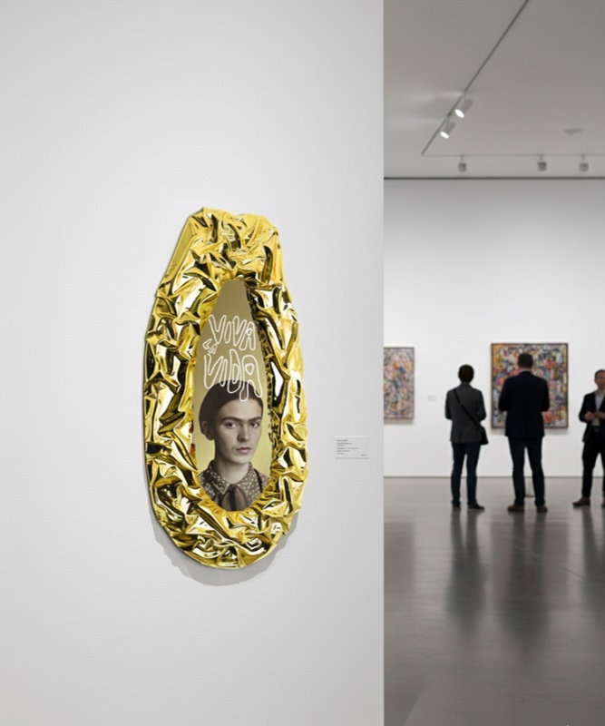 Golden papaya sculpture featuring Frida Kahlo portrait in gallery